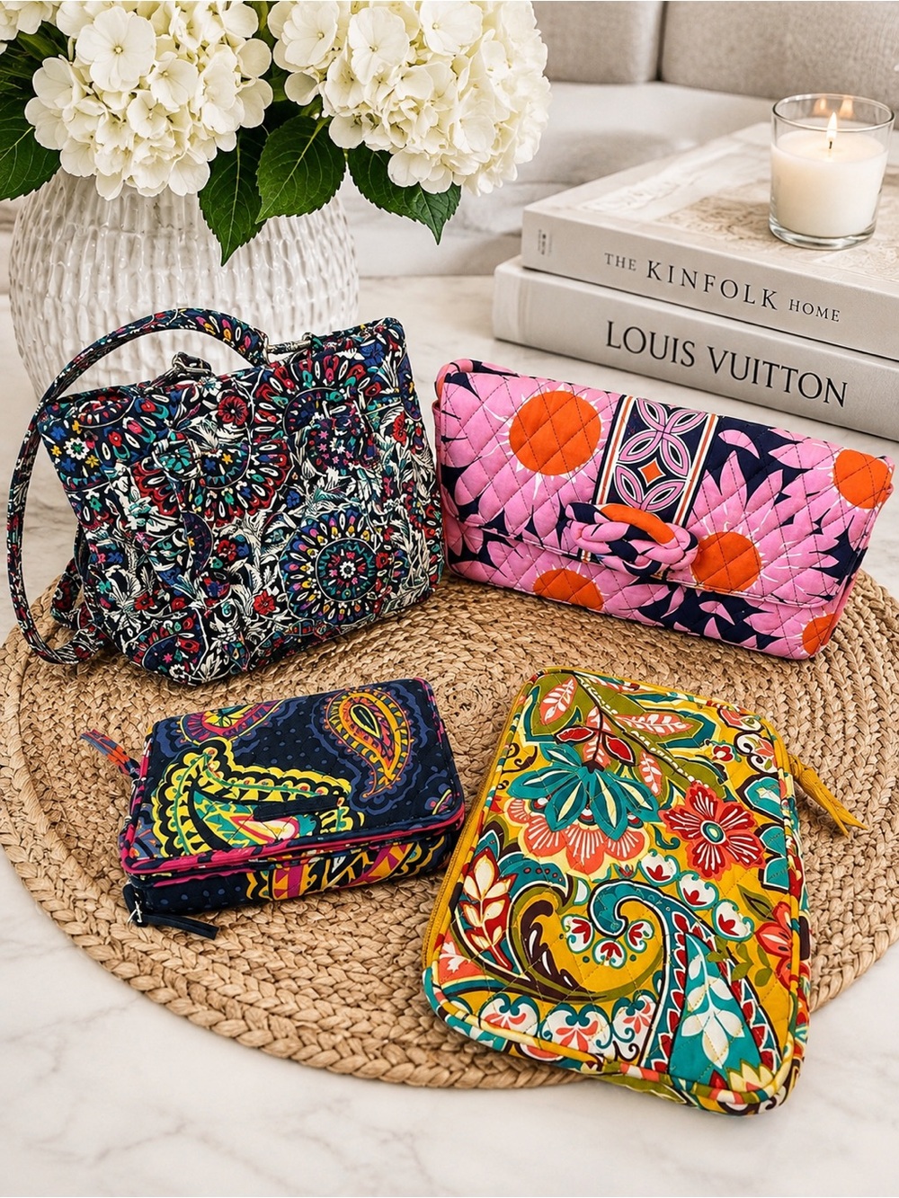 Vera Bradley Pink Orange Navy Quilted Clutch and Patterned Wristlets Set